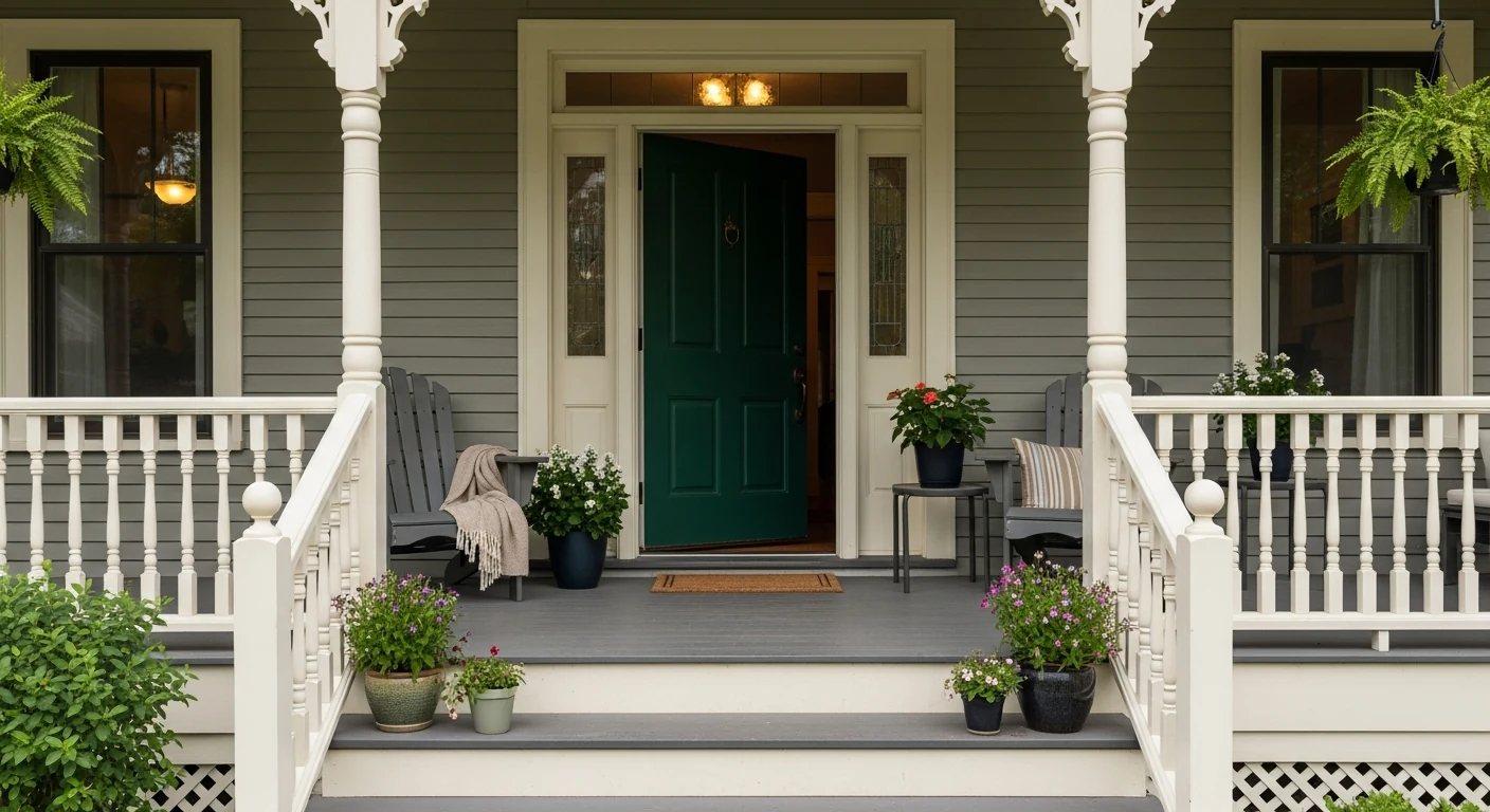 Renovated Midwest front porch with a mineral green entry door
