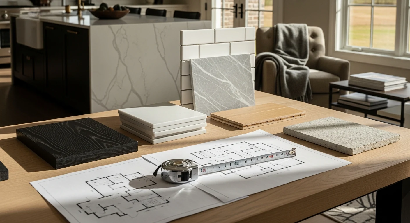 Residential remodeling planning table with materials and measuring tools
