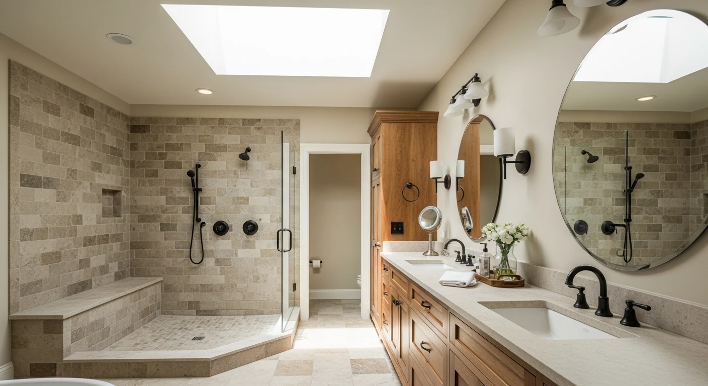 Remodeled bathroom with walk-in shower, built-in bench, and double vanity