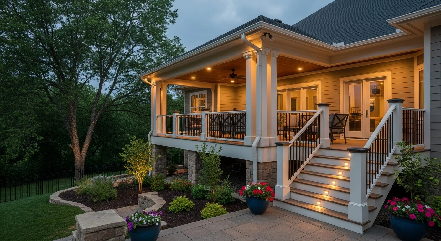 Covered residential deck with detailed posts, safe stairs, and integrated lighting