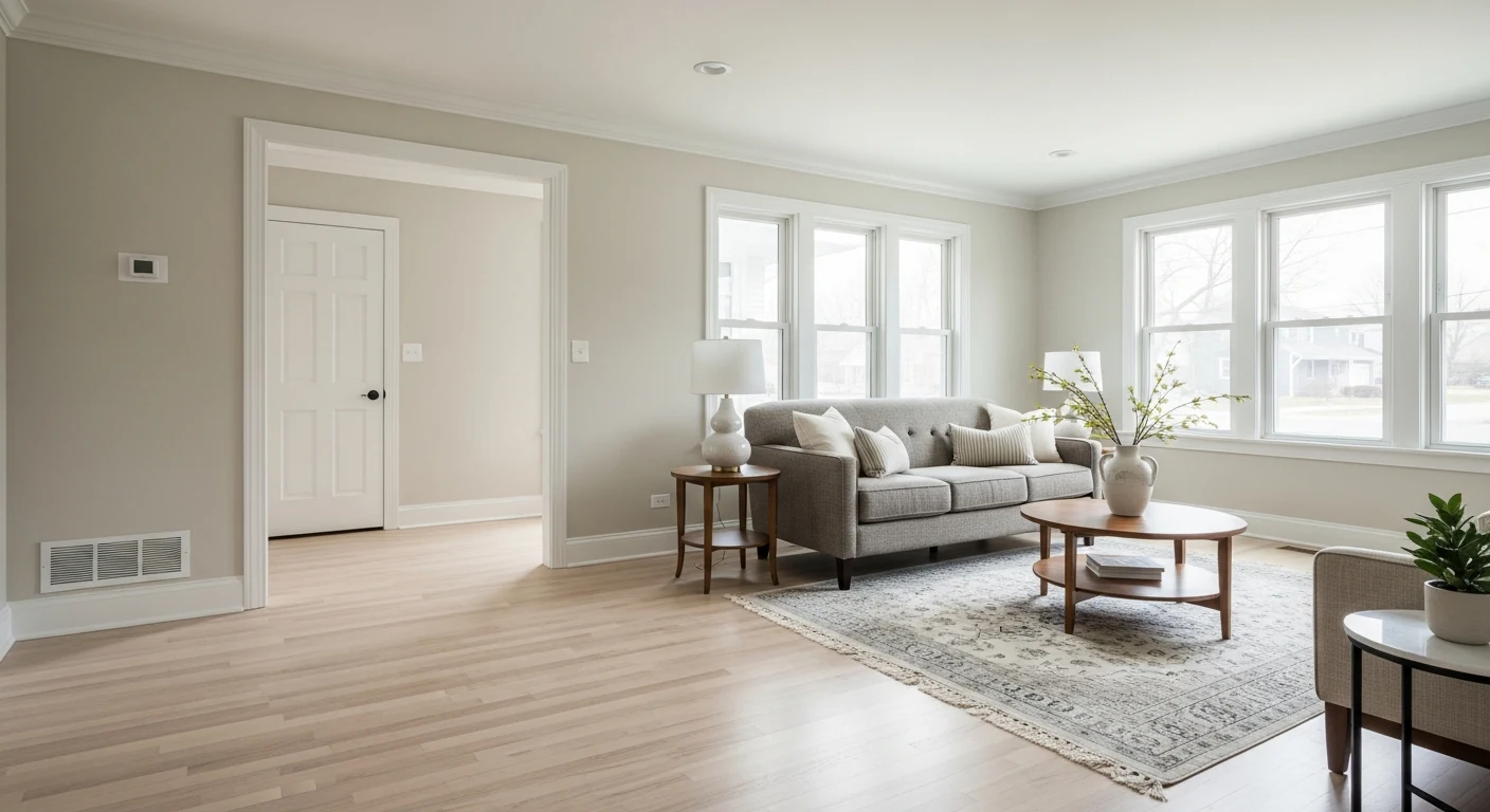 Finished living room with hardwood flooring, smooth walls, restrained trim, and precise paint transitions
