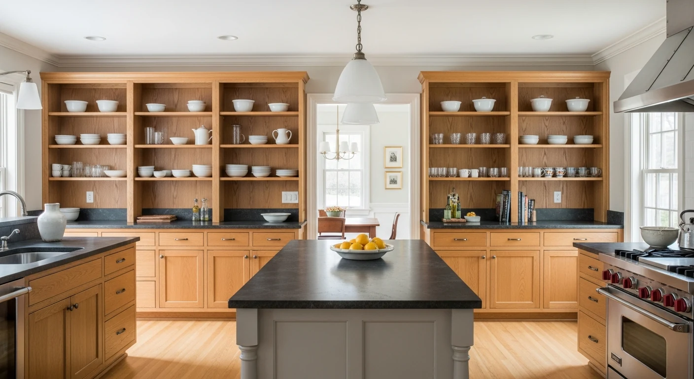 Remodeled kitchen with oak cabinetry, dark stone island, and connected dining space