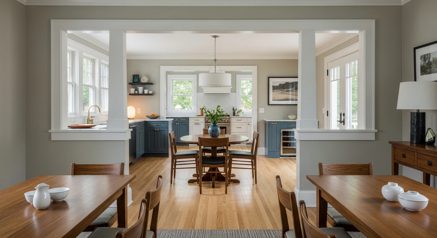 Connected remodeled living, dining, and kitchen spaces with consistent flooring and millwork